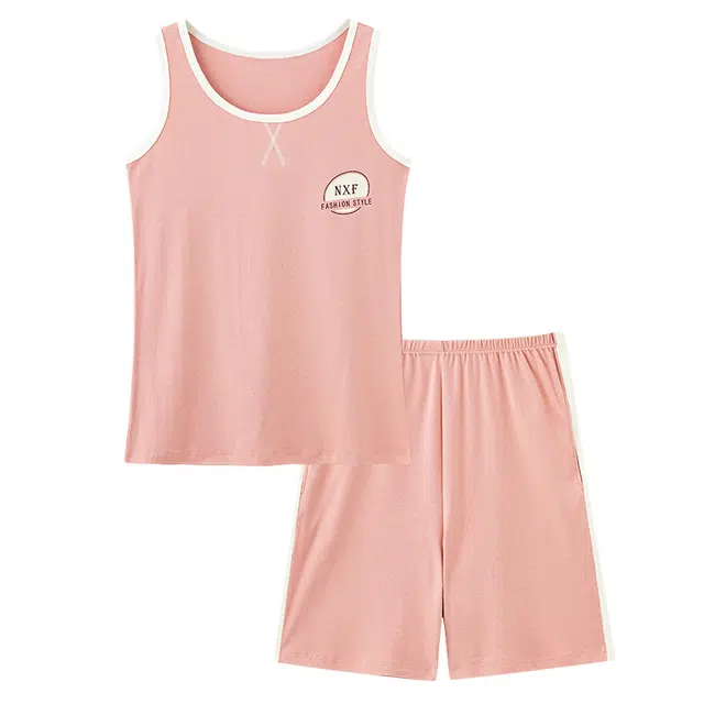 睦隆世家 纯棉背心无袖带胸垫短裤可外穿家居服夏季睡衣套装 女款