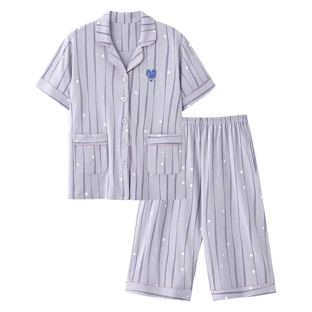 睦隆世家 夏季纯棉开衫短袖七分裤薄款甜美休闲加大码家居服睡衣套装 女款