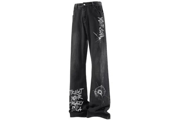 宜而爽 美式高街潮牌蜘蛛网做旧字母涂鸦印花简约柔感不硬舒适亲肤微弹高街中腰直筒通勤休闲百搭水洗做旧复古黄泥牛仔裤 男女同款