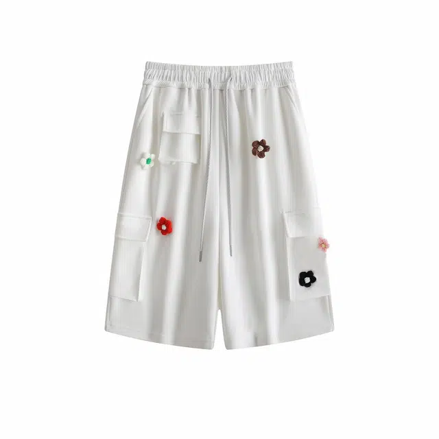 寻星记 美式高街风个性花朵装饰宽松百搭七分裤情侣款休闲短裤 男女同款