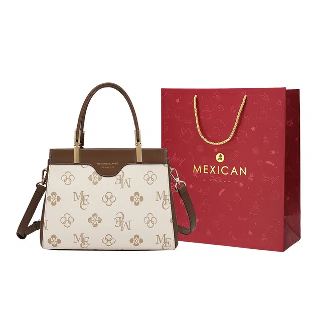 稻草人 简约时尚通勤撞色复古大容量 聚氯乙烯革拼聚氨酯革 手提包 常规 女款 深棕色/米白