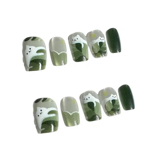 计轩 懒懒猫纯手工猫眼  穿戴甲 椭圆绿晕染 可爱