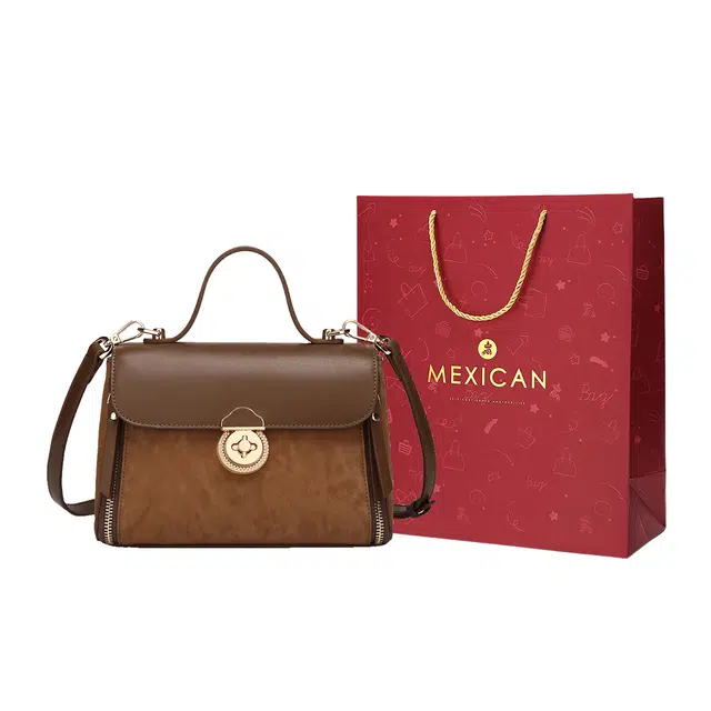 稻草人 时尚高级潮流气质小众百搭通勤拼色 聚氨酯 手提包 常规 女款 棕褐色/杏色