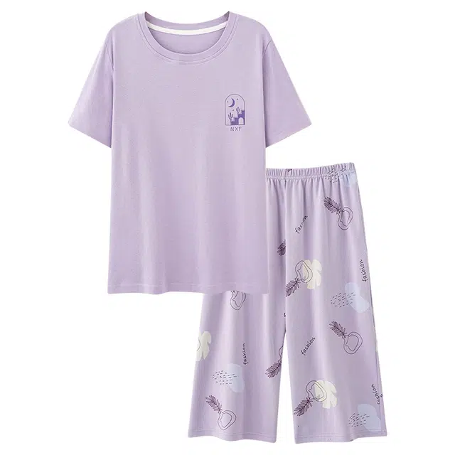 睦隆世家 夏季纯棉短袖七分裤薄款休闲家居服可外穿睡衣套装 女款