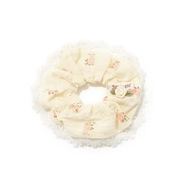 如花梦 粉色碎花蝴蝶结蕾丝大肠韩系大号 布艺 发圈 女款