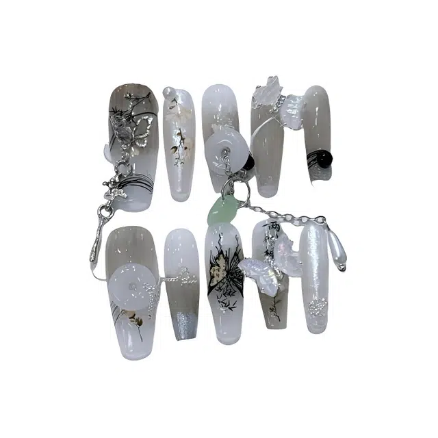 计轩 新中式清冷复古蝴蝶玉扣  穿戴甲 长款混色晕染 国风