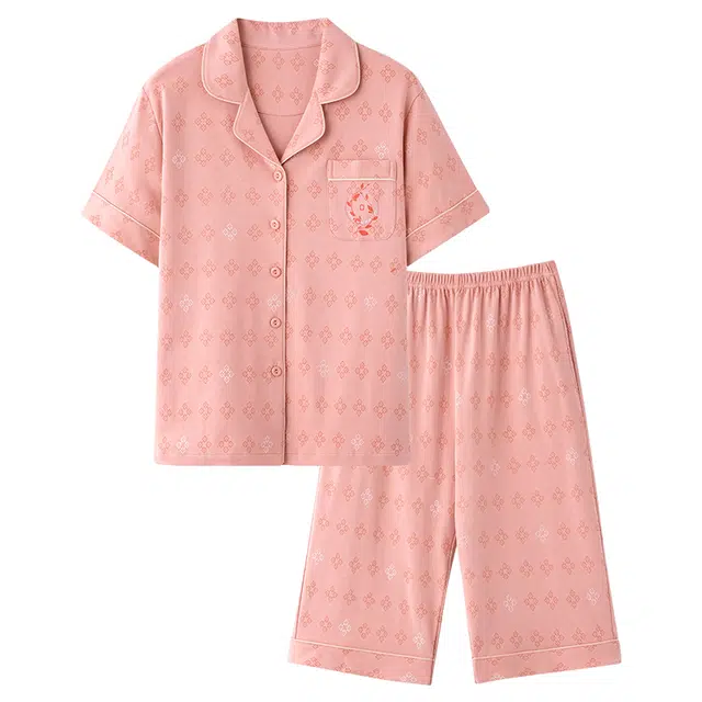 睦隆世家 纯棉开衫短袖七分裤休闲可外穿家居服睡衣套装 女款