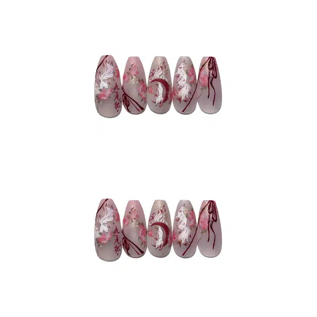 计轩 中式国风洁白九尾狐美甲浮雕桃花  穿戴甲 中梯红晕染 纯欲