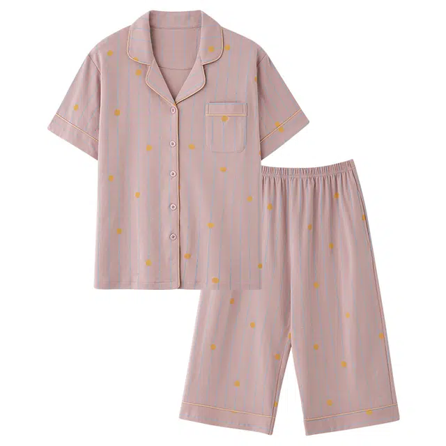 睦隆世家 夏季纯棉开衫短袖七分裤薄款甜美休闲家居服睡衣套装 女款