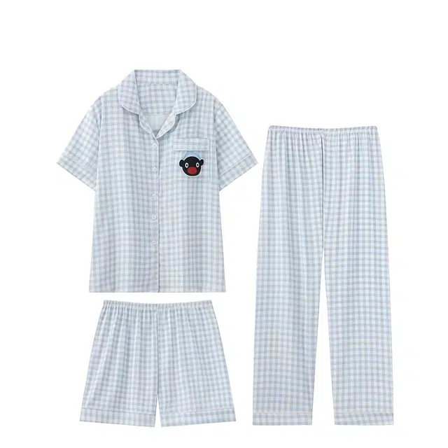 俏韵 翻领卡通企鹅可爱可外穿短袖长裤睡衣套装 女款 蓝色