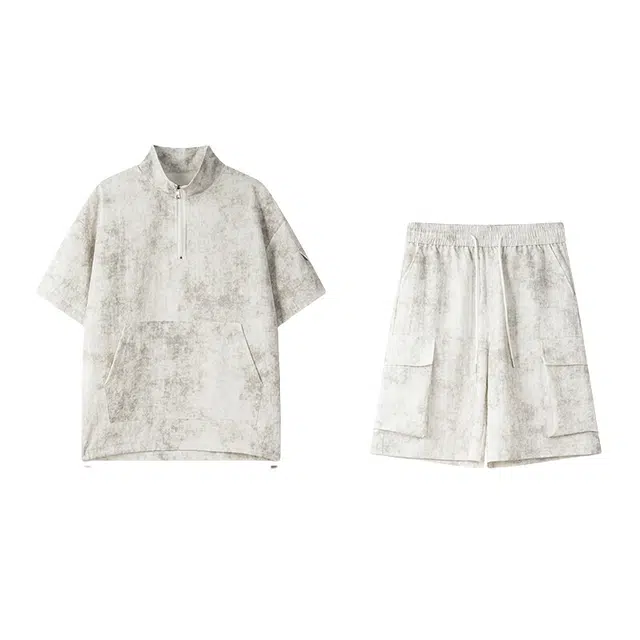加荣 薄款宽松扎染冰丝短袖上衣百搭舒适时尚直筒五分裤休闲运动套装 男女同款