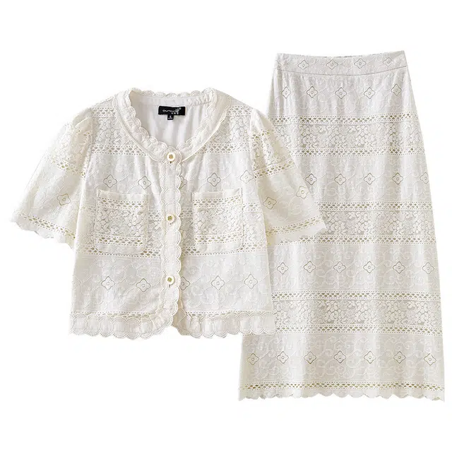 欧昵雪 夏季 高级感蕾丝时尚两件套小香风名媛开衫半身裙裙装套装 女款