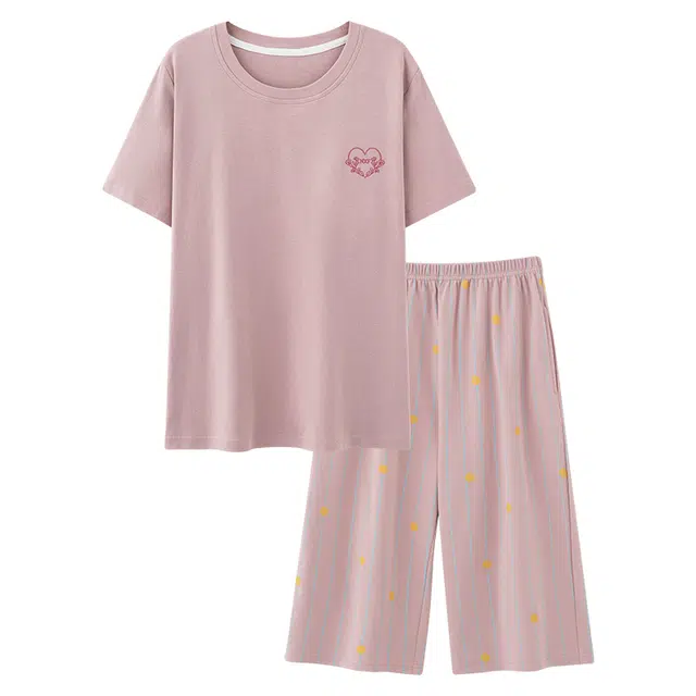 睦隆世家 夏季纯棉短袖七分裤宽松薄款家居服睡衣可外穿睡衣套装 女款