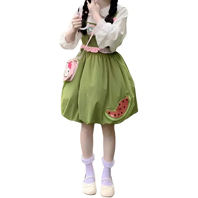 哒头下雨不愁 两件套日系甜美学院可爱刺绣蝴蝶结花苞背带连衣裙学生娃娃领衬衫裙装套装 女款