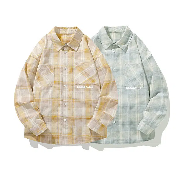 欧路得 扎染格子美式潮牌宽松青少年休闲长袖衬衫 男款