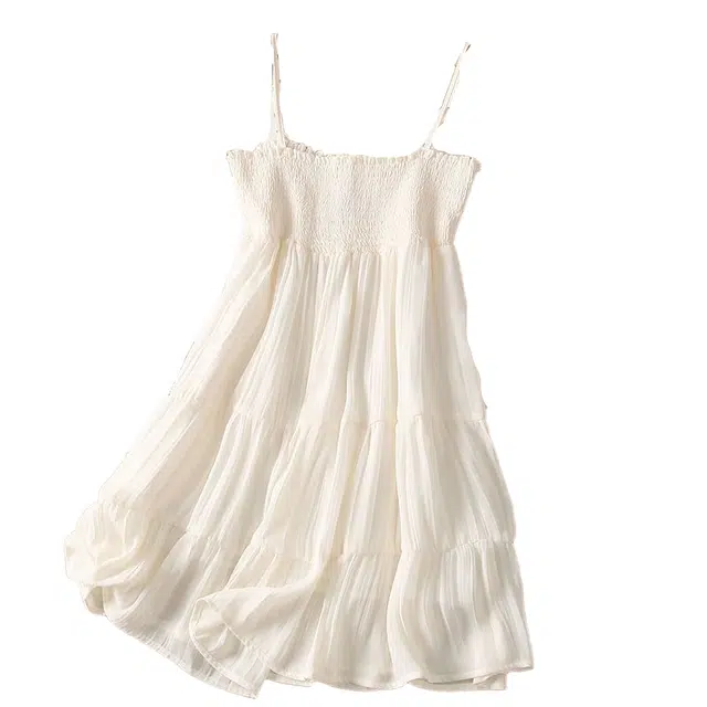 桴生 法式一字领夏小个子气质叠层荷叶边短裙子吊带连衣裙 女款 白色