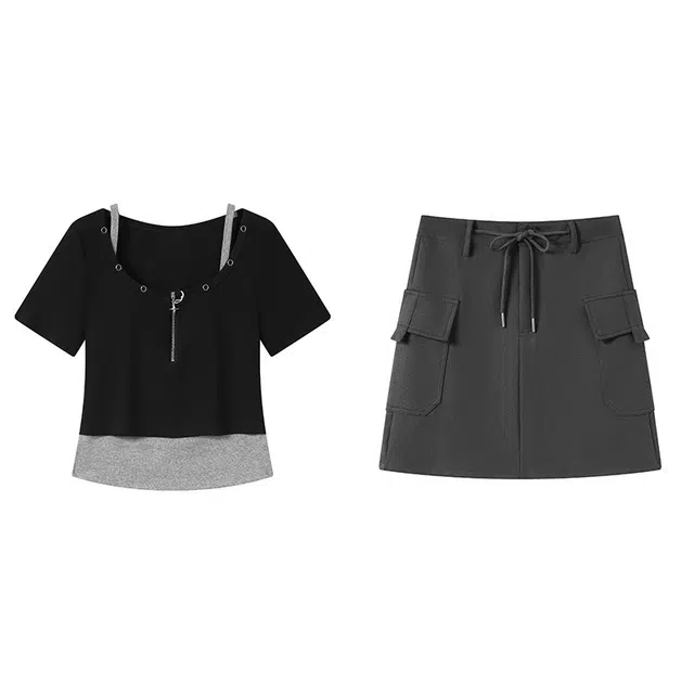 古莲菲 辣妹甜酷风韩系显瘦设计感撞色显瘦假两件上衣显瘦短裙裙装套装 女款