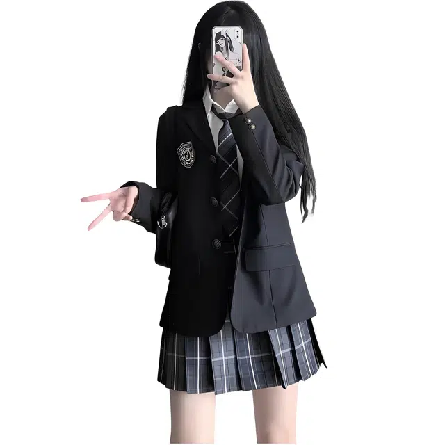 豹了个猫 学院风制服四件套毕业季经典格子百褶裙裙装套装 女款