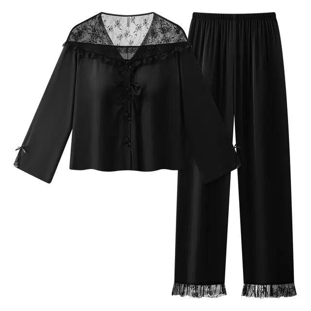顶瓜瓜 冰丝面料黑色配色简约舒适可外穿家居服睡衣套装 女款