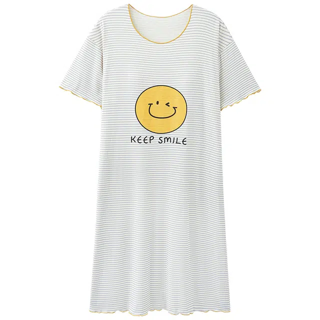 棉基因 长款防走光冰丝螺纹卡通印染可居家可外出圆领简约花边吸湿排汗透气舒适睡裙 女款