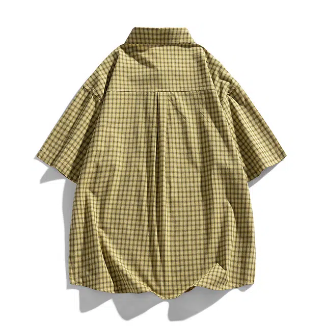 玄唐 美式复古格子外套夏季小众细条纹衬衣半截袖短袖衬衫 女款