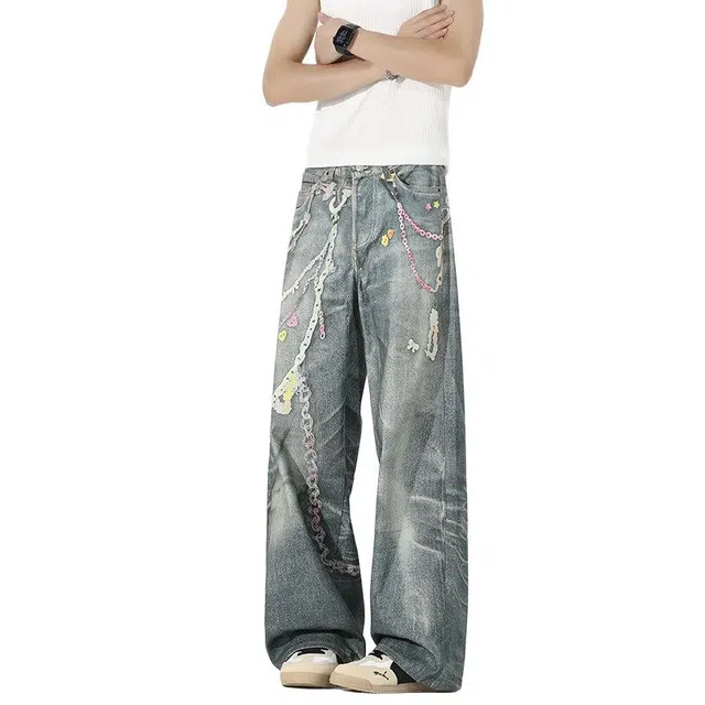 佐菲利 美式复古宽松直筒阔腿牛仔裤 男女同款