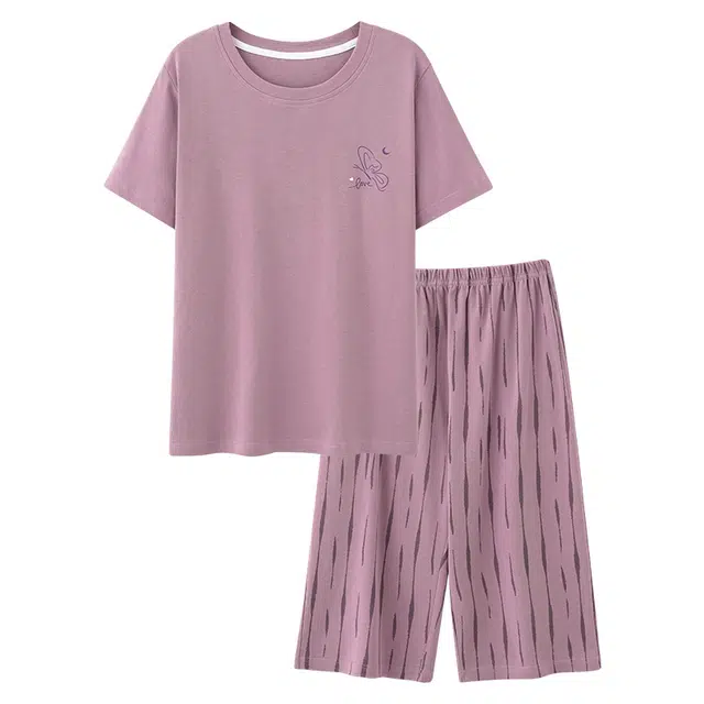 睦隆世家 夏季纯棉短袖七分裤休闲舒适家居服可外穿睡衣套装 女款