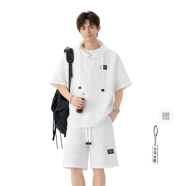 北欧攻略 美式高级感泡泡纱连帽短袖卫衣搭配五分裤懒人一套夏装宽松大码加肥加大痞帅舒适透气薄款健身骑行跑步短裤休闲运动套装 男女同款