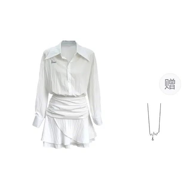 识恩 法式假两件气质衬衣单排扣落肩袖舒适通勤长袖连衣裙 女款