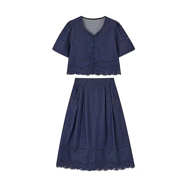 潞优野 韩系蕾丝拼接休闲短上衣半身裙裙装套装 女款