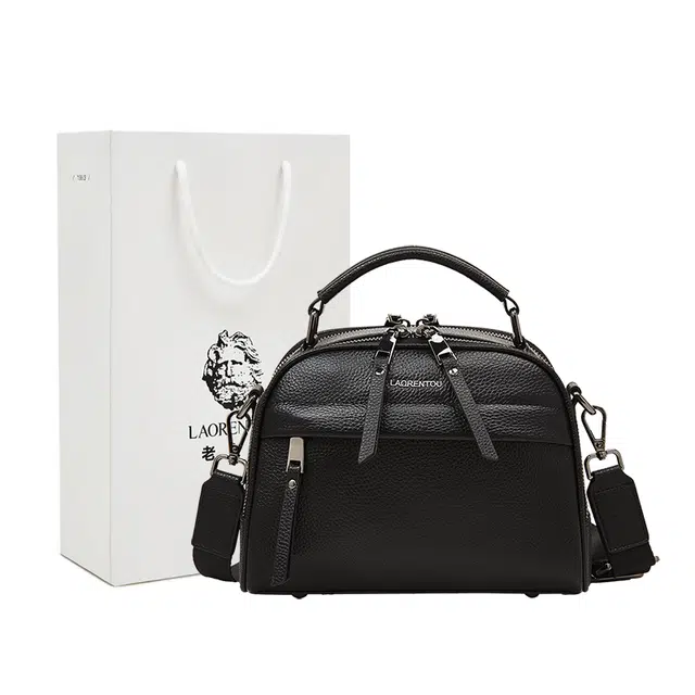 老人头 休闲百搭通勤大容量波士顿妈妈包 头层牛皮 手提包 常规 女款 黑色