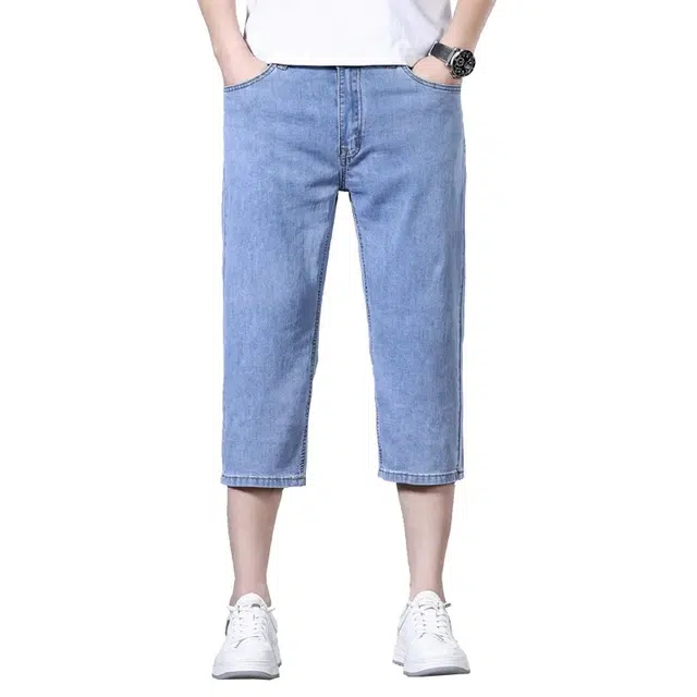 尘映 七分直筒修身弹力薄款中裤休闲牛仔短裤 男女同款