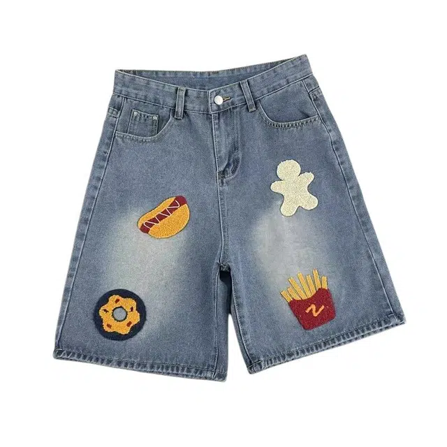 佐菲利 美式设计毛巾绣薄款潮牌宽松高街五分牛仔短裤 男女同款