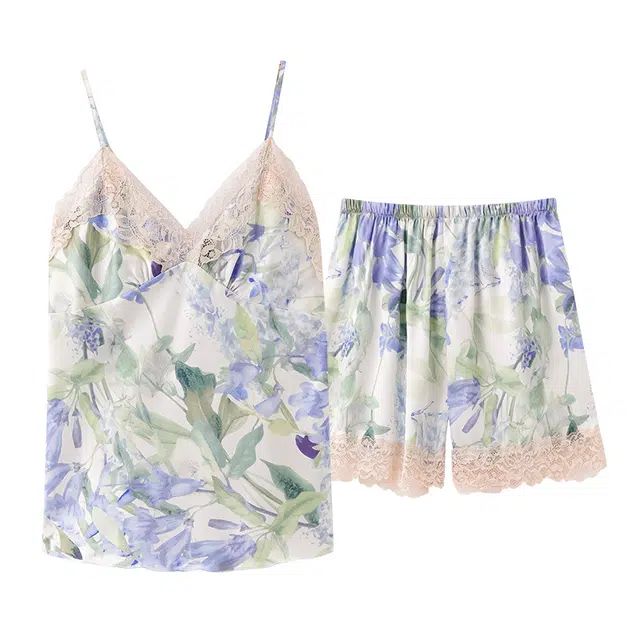 俏佳人 带胸垫高级感冰丝凉感蕾丝开衫花卉休闲舒适透气吊带短裤家居服睡衣套装 女款