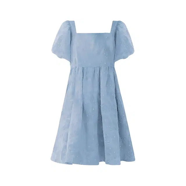 木清清 复古盐系奶系蓝色法式方领泡泡袖纯欲风甜美公主裙短袖连衣裙 女款