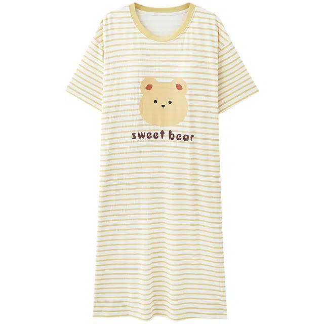 棉基因 圆领简约花边冰丝螺纹卡通印染可居家可外出吸湿排汗透气舒适睡裙 女款