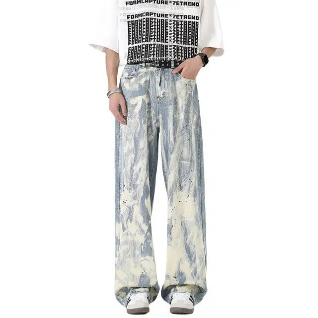 佐菲利 潮牌涂鸦美式复古做旧扎染高街直筒牛仔裤 男女同款
