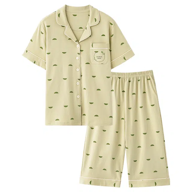 睦隆世家 夏季纯棉开衫短袖七分裤薄款休闲家居服睡衣套装 女款