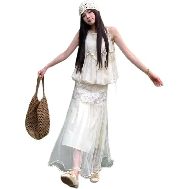 沐晓欣 法式背心夏小个子穿搭蝴蝶结无袖蓬蓬度假风上衣吊带 女款