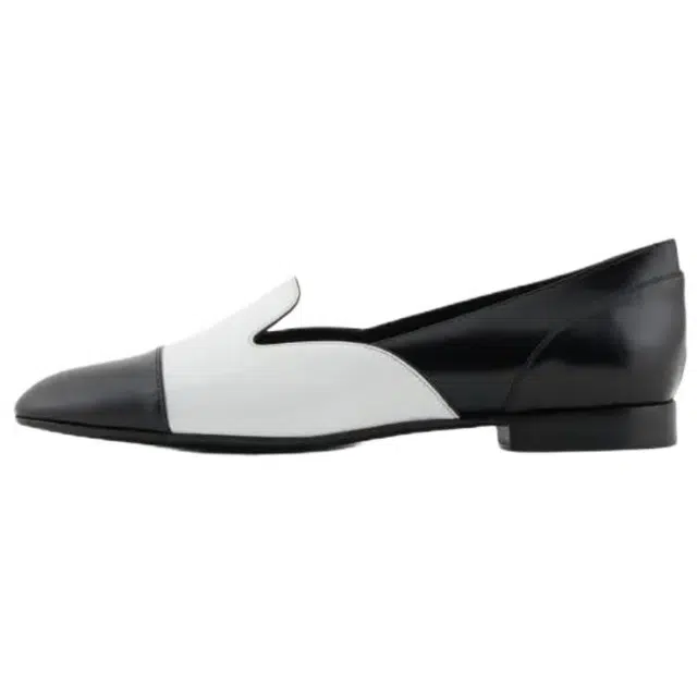 阿玛尼 牛皮革 浅口一脚蹬低跟拼色便鞋 休闲单鞋 女款 黑色拼白色