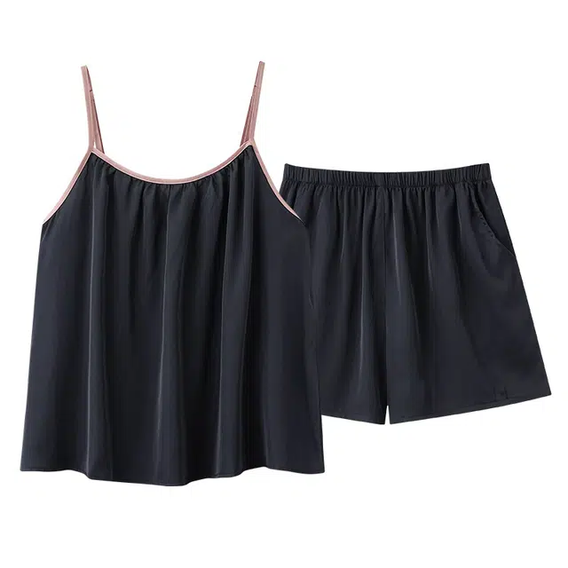 俏佳人 带胸垫高级感冰丝凉感的开衫休闲舒适透气吊带短裤家居服睡衣套装 女款