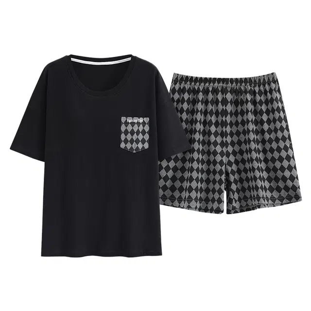 俏霓桐 夏季薄款时尚高级感轻奢休闲格子简约棉亲肤透气带胸垫家居服可外穿睡衣套装 女款