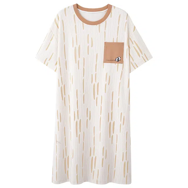 俏佳人 带胸垫纯棉撞色口袋圆领休闲宽松柔软舒适透气可外穿短袖家居服睡裙 女款