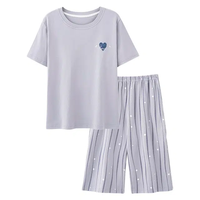 睦隆世家 纯棉休闲短袖七分裤薄款可外穿睡衣套装 女款