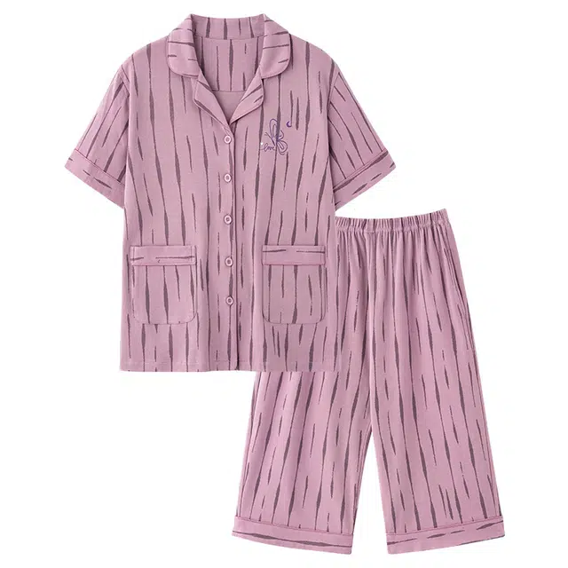 睦隆世家 夏季纯棉开衫短袖七分裤舒适休闲可外穿家居服睡衣套装 女款