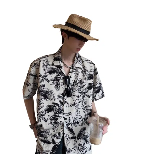 拾个壹先生 融合多风格的夏季宽松碎花短袖衬衣衬衫 男款