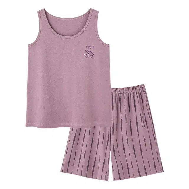 睦隆世家 夏季纯棉背心短裤带胸垫高档可外穿舒适休闲家居服睡衣套装 女款