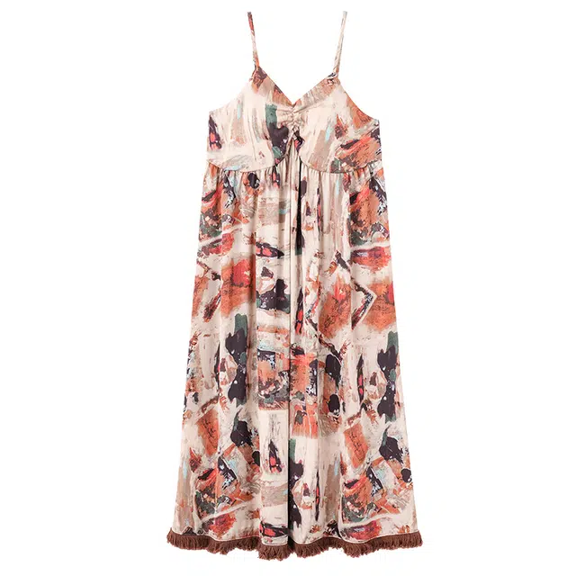 俏佳人 带胸垫高级感凉感复古印花休闲舒适透气吊带无袖家居服睡裙 女款