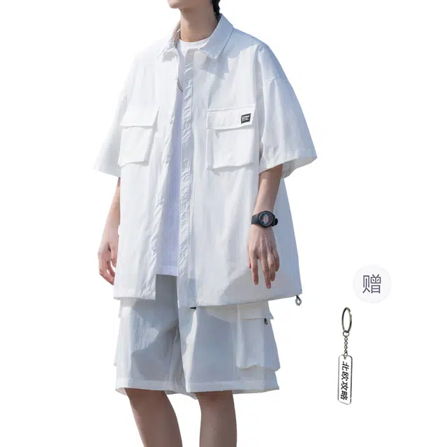 北欧攻略 美式休闲运动速干薄款透气宽松短袖搭配机能工装短裤衬衫套装 男女同款