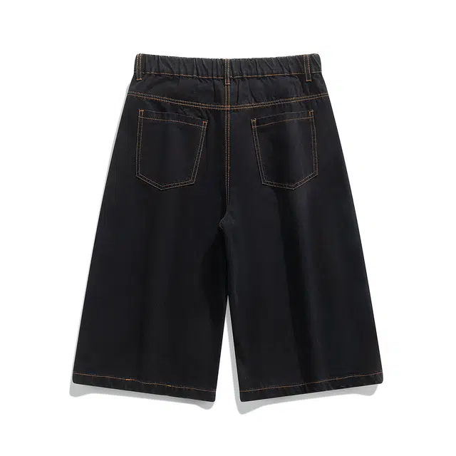 美式复古高街风七分宽松休闲百搭水洗拼接做旧牛仔短裤 男女同款